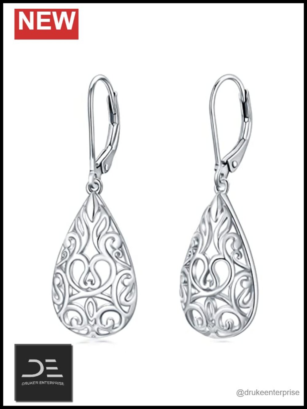 Sterling Silver Filigree Teardrop Dangle Earrings, Leverback, Hypoallergenic